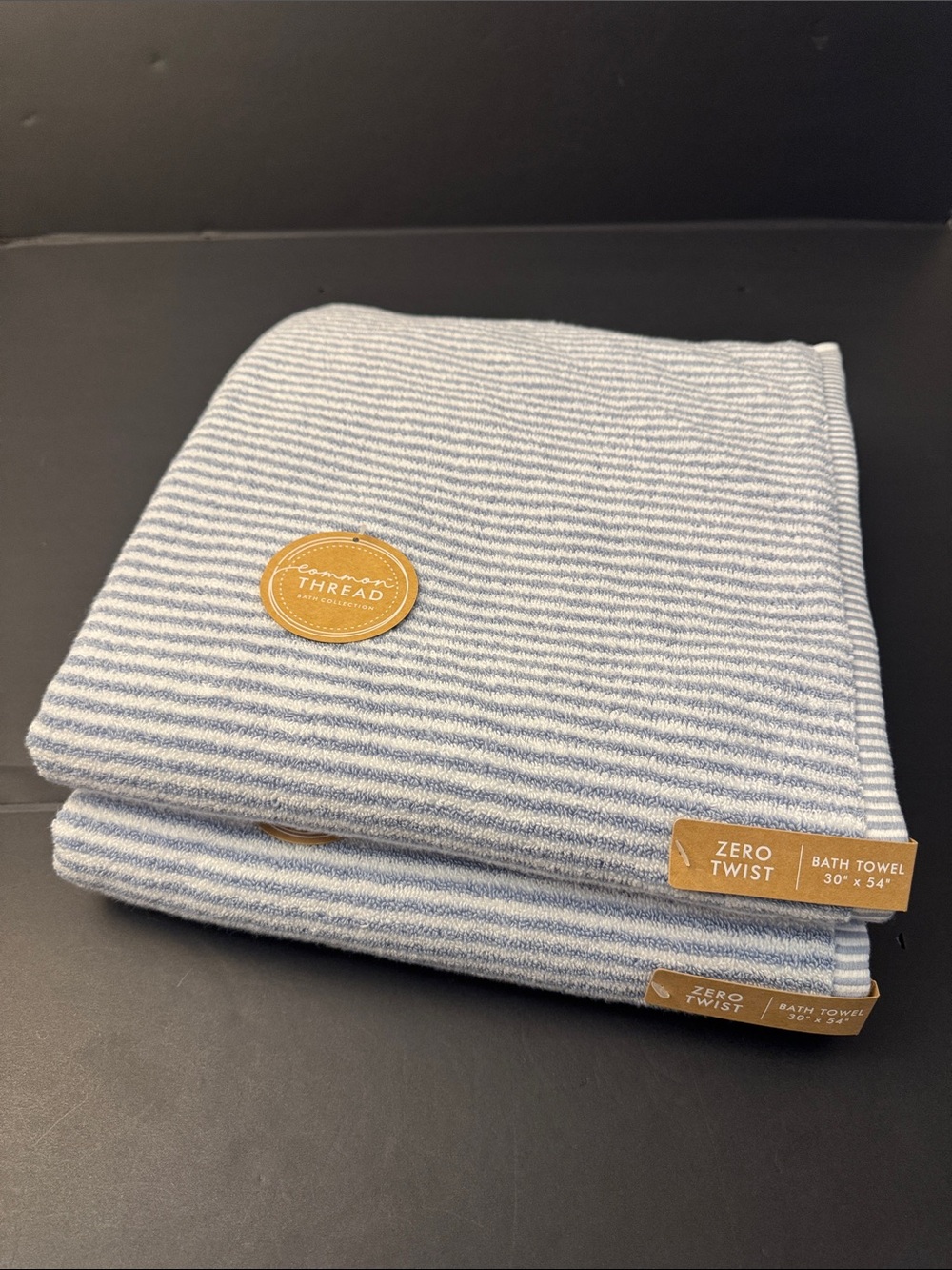 2pc COMMON THREAD 100% Zero Twist Cotton Bath Towel Set -MINISTRIPE -Blue/White